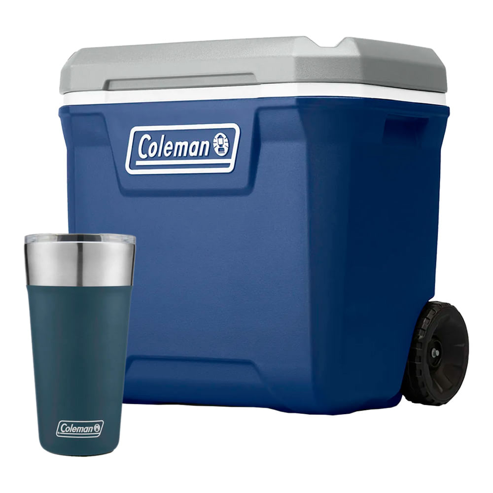 Kit Camping Coleman - Caixa Térmica com Rodas 61,5L Lakeside e Copo Térmico com Tampa 600ml Azul Slate